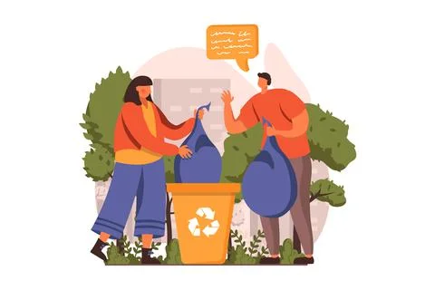 People collecting garbage web concept in flat design. Man and woman gathering Stock Illustration