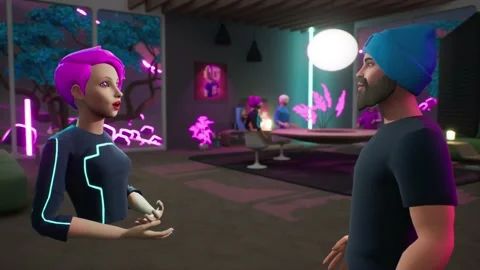 People communicate in the neon future metaverse. 3d characters. Stock Footage 220929895