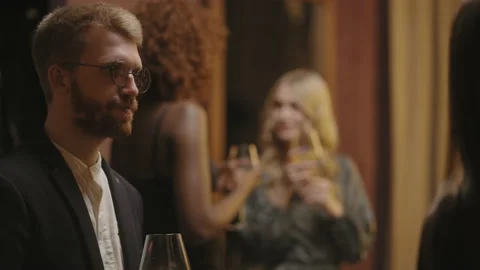 People communicating and drinking wine in party, portrait of caucasian man Video stock 227488943
