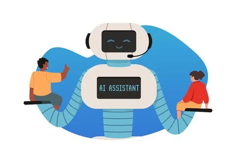People communicating with artificial intelligence robot sitting in his arm Stock Illustration