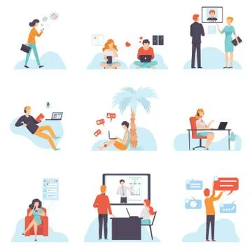 People Communicating Via Internet with Mobile Devices Set, Young Men and Women 스톡 일러스트