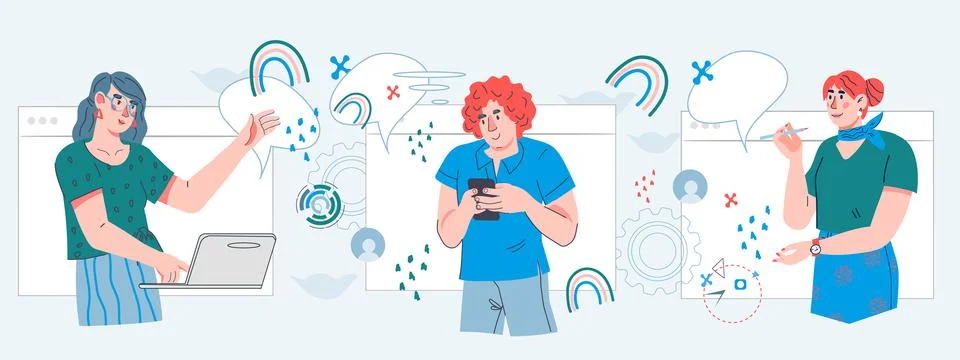 People communicating in network and using mobile applications or social media 스톡 일러스트