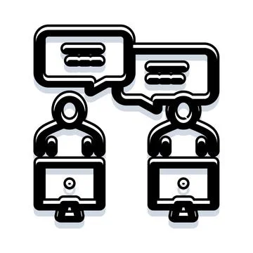 People communicating online using laptops and speech bubbles Stock Illustration
