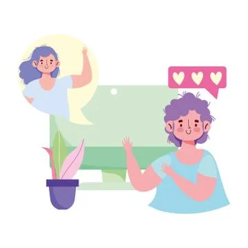People communication and technology, boy and girl computer talking virtual Illustrazione stock