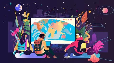 People community exploring world map diverse group of individuals with backpacks Stock Illustration