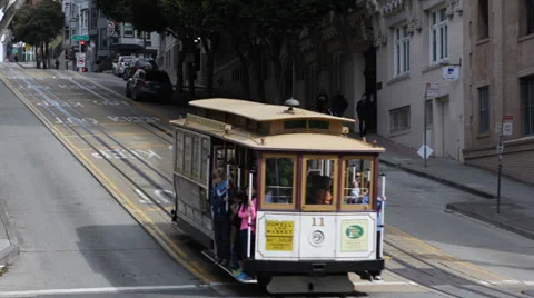 People Commuting, Commuters, Old Buildings, San Fran Tram Trip in a Cable Car Stock-Footage 24498801