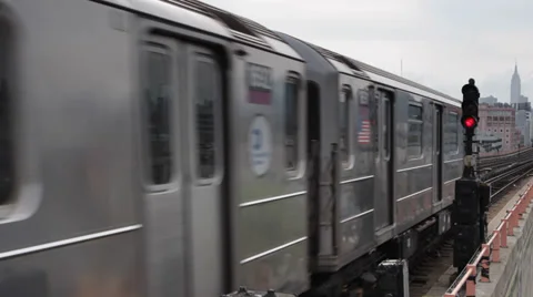 People Commuting Commuters Subway Passing Queens New York City Skyline Railway  Stock Footage 32329061