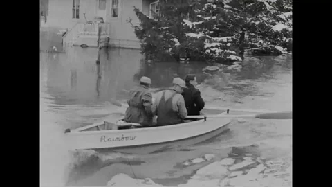 People commuting through boats after destruction caused by flood - 1950 Stock Footage 107364937