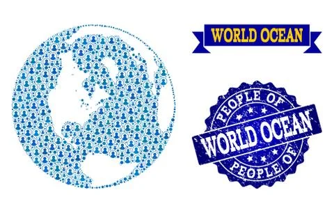 People Composition of Mosaic Map of Global Ocean and Grunge Stamp イラスト素材