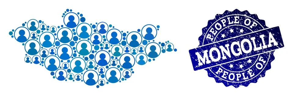 People Composition of Mosaic Map of Mongolia and Distress Seal Stock Illustration