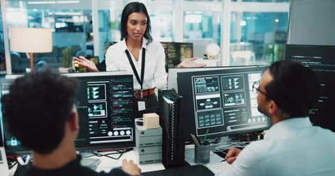 People, computer and screen for coding training of internship, programming and Stock Footage 309142997