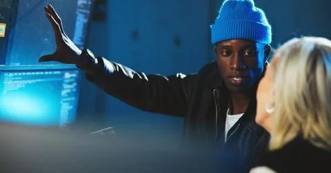 People, computer and screen to explain coding for hacking server, cyber Foto stock