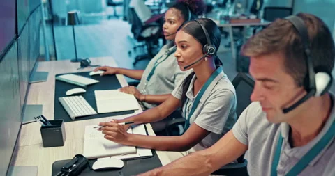 People, computer and screen with headset in control room, monitor weather and Stock Footage 318537819