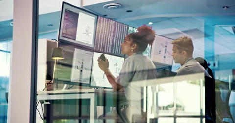 People, computer and screen with radio in control room to monitor weather, Stock Footage 318537446