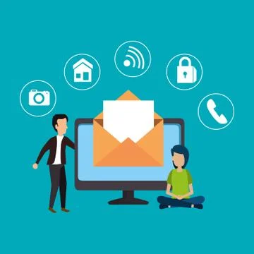 People with computer technology and social apps Stock Illustration