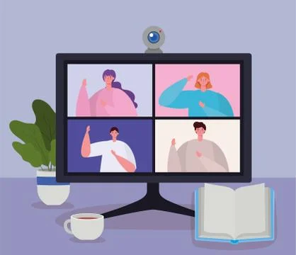 People on computer in video conference vector design 스톡 일러스트