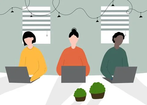 People at computers. Workflow. A man works at his laptop. Stock Illustration