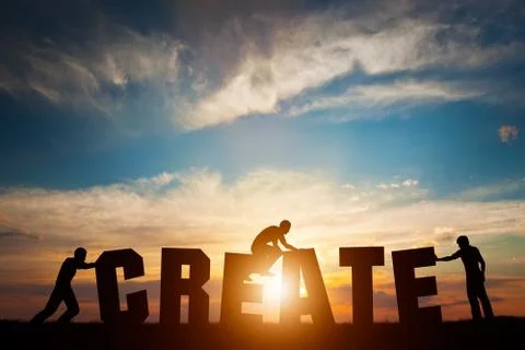 People connect letters to compose the CREATE word. Creativity, making art, te Illustrazione stock