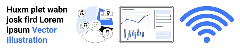 People connected in teamwork, data analysis charts, and a wireless symbol in  Stock Illustration
