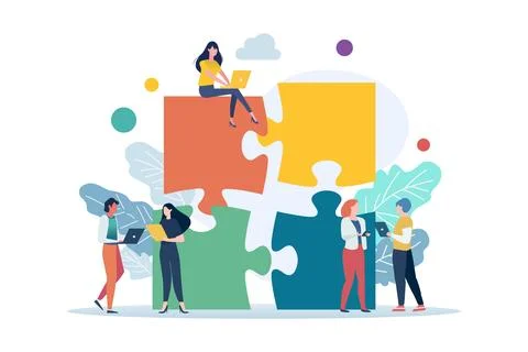 People connecting puzzle elements. Business concept. Stock Illustration