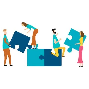 People connecting puzzle elements. isolated on white background. Vector illus 스톡 일러스트
