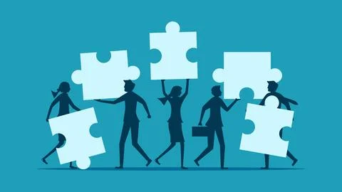 People connecting puzzle elements. Symbol of teamwork or cooperation Illustrazione stock