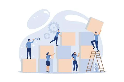 People connecting puzzle elements. Vector illustration flat design style. S.. Stock Illustration