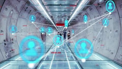 People connection technology concept with crowded people walking in tunnel Stock Footage 267227525