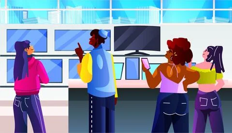 People consumers in electronics store choosing computer monitors big sale Stock Illustration
