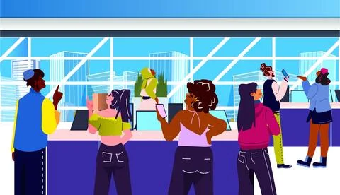People consumers in electronics store choosing computer monitors big sale Stock Illustration