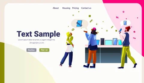 People consumers in electronics store choosing tablet pc digital devices big Stock Illustration