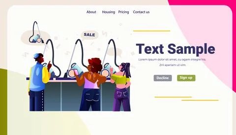 People consumers in electronics store choosing vacuum cleaners big sale shopping Stock Illustration