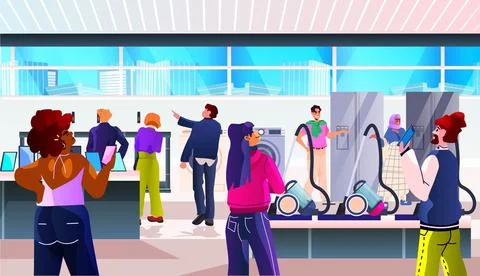 People consumers in electronics store choosing vacuum cleaners big sale shopping Illustrazione stock