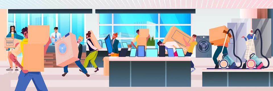 People consumers in electronics store choosing and buying home appliance Stock Illustration