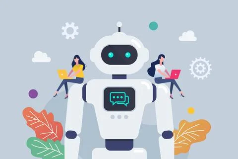 People control android robot on robots shoulder. Stock Illustration