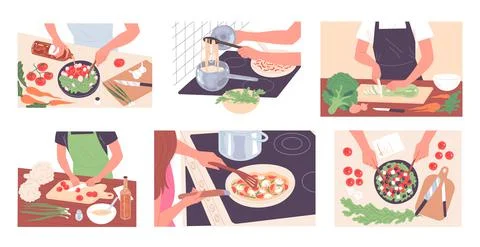 People cook food, prepare meal. Various vegetable dishes. Stock Illustration