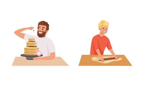 People Cooking in the Kitchen Set, Young Men Baking and Making Cake Cartoon Stock Illustration