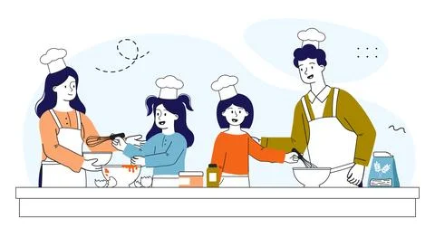 People in cooking master class. Man and woman teach boy and girl to cook. Father Stock Illustration