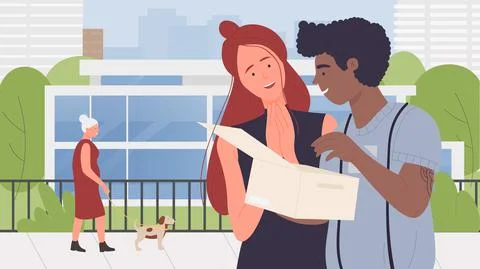 People couple open box parcel with love present gift together, standing on city Stock Illustration
