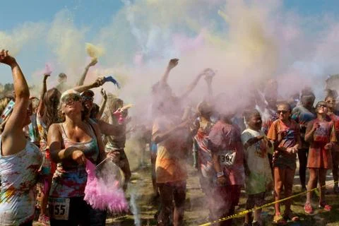 People create cloud of color at bubble palooza event Stock Photos