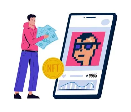 People create NFT art. Cryptography masterpieces buy and sell. Digital market Stock Illustration