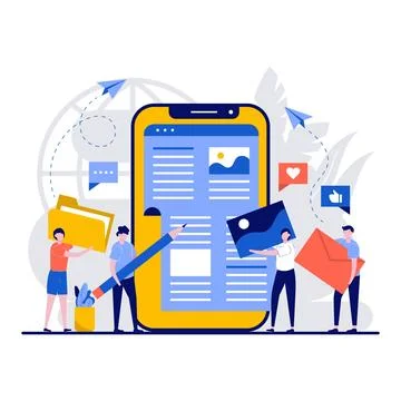 People create online content concept with tiny character. Freelance stand n.. Stock Illustration