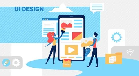 People create ui design concept with tiny designer team Stock Illustration
