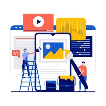 People create ui design concept with tiny character. Designer team working .. Stock Illustration