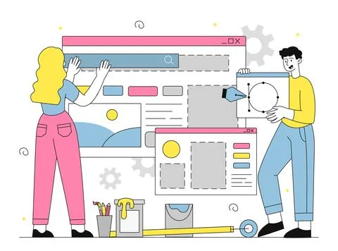 People create website. Man and woman developing design elements for website Stock Illustration