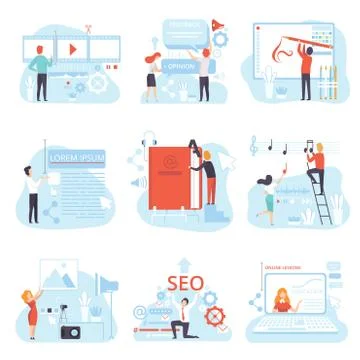 People Creating Digital Content Set, Technology Process of Software Development イラスト素材