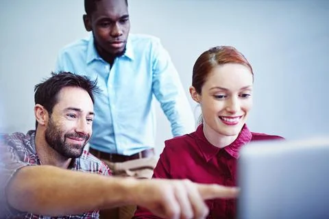 People, creative and team at computer for business, website planning and br.. Stock Photos