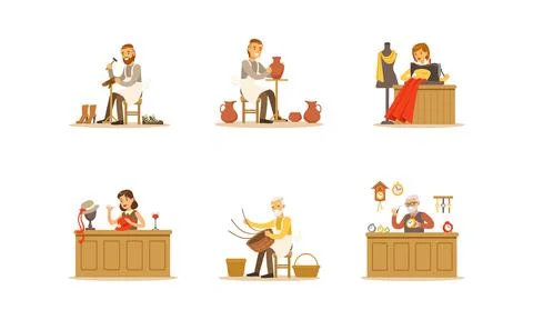 People of Creative Professions Set, Potter, Seamstress, Hat Designer, Watchmaker Stock Illustration