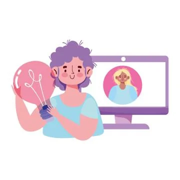 People creativity and technology,boy and girl computer message idea 스톡 일러스트