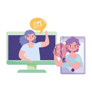 People creativity and technology,computer smartphone girl and boy idea cartoon 스톡 일러스트